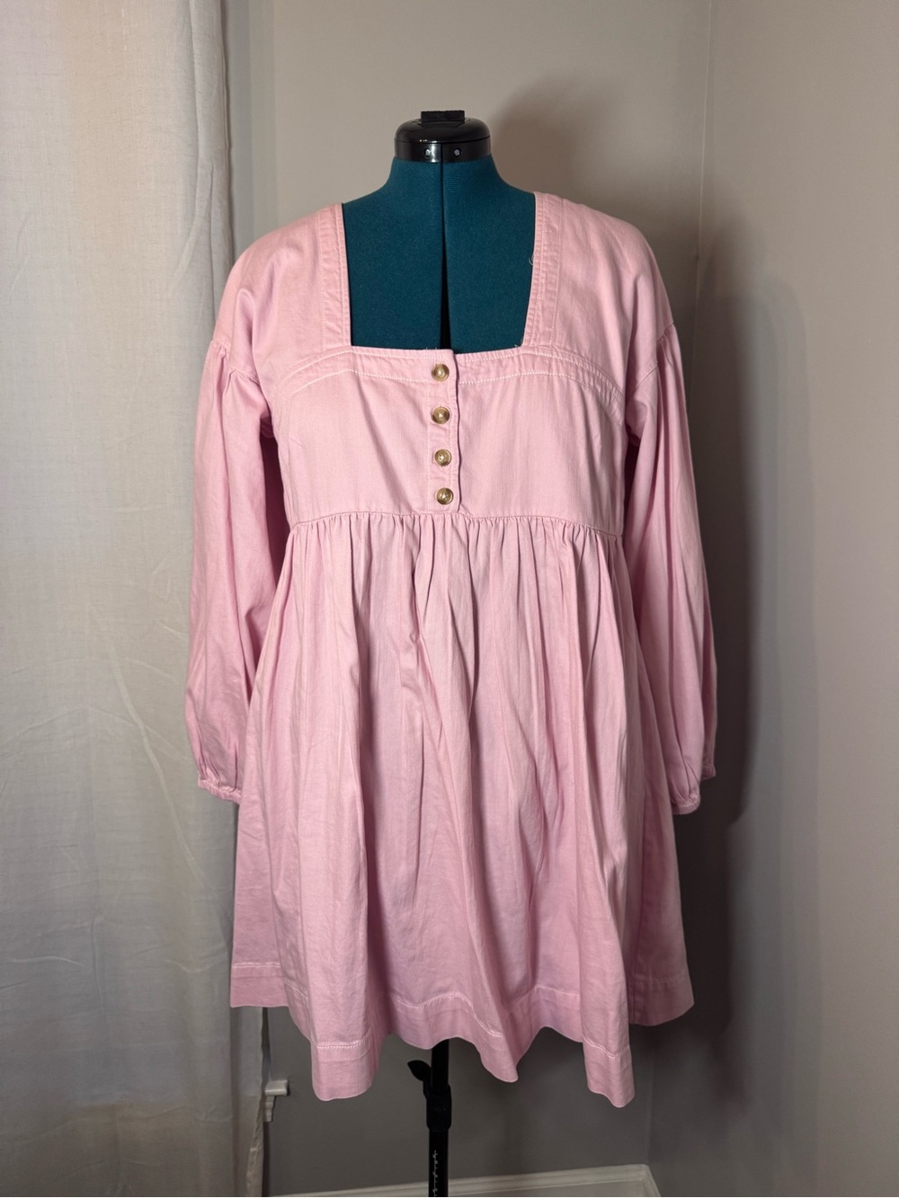 Anthropologie Pink Square-Neck Button Front Babydoll Dress